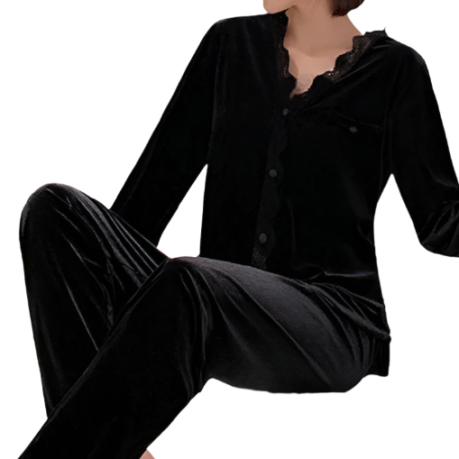 winter womens Black Velvet Long Sleeve Pajama Set Gothic
