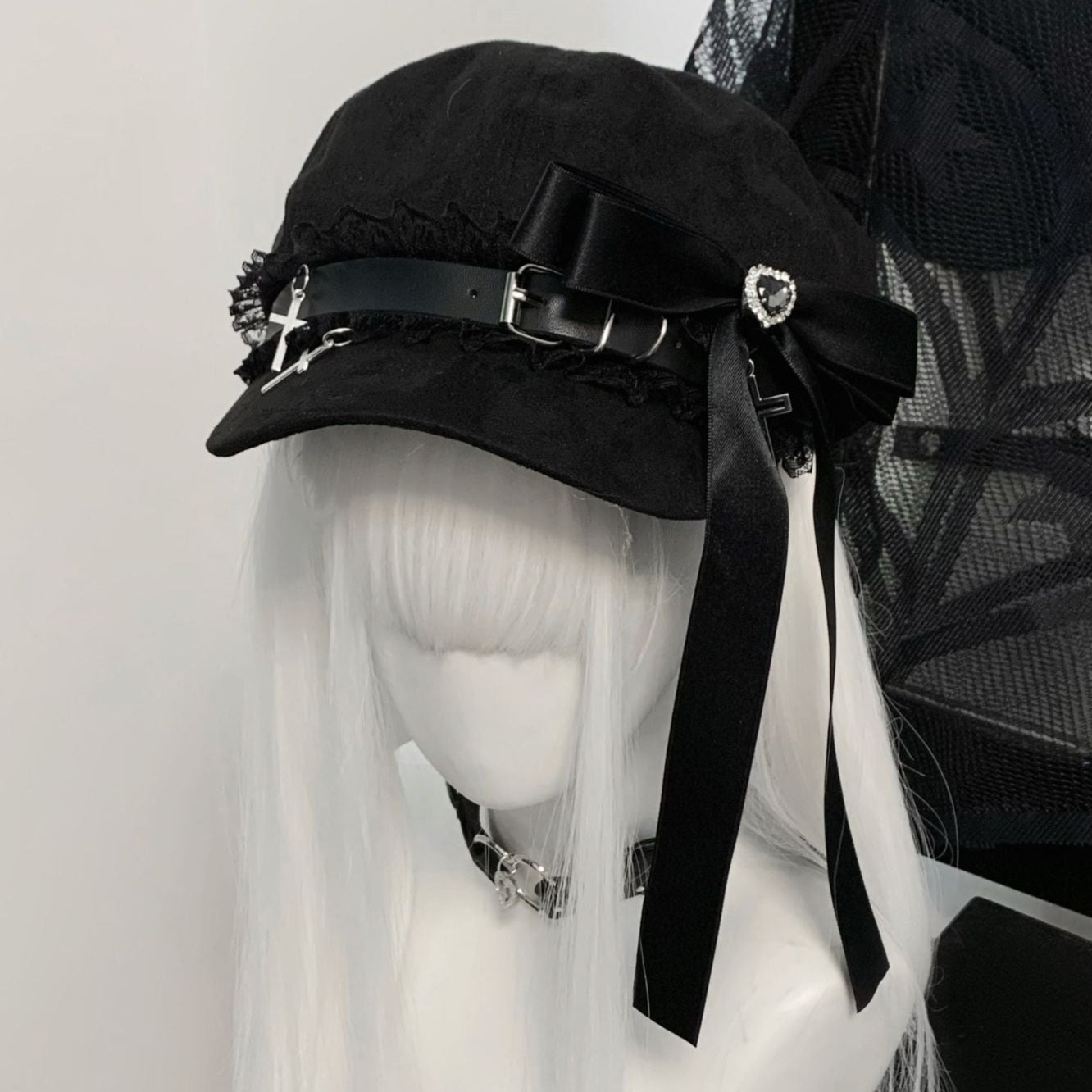 black Black Velvet Goth Cap Crosses Lace with Bow