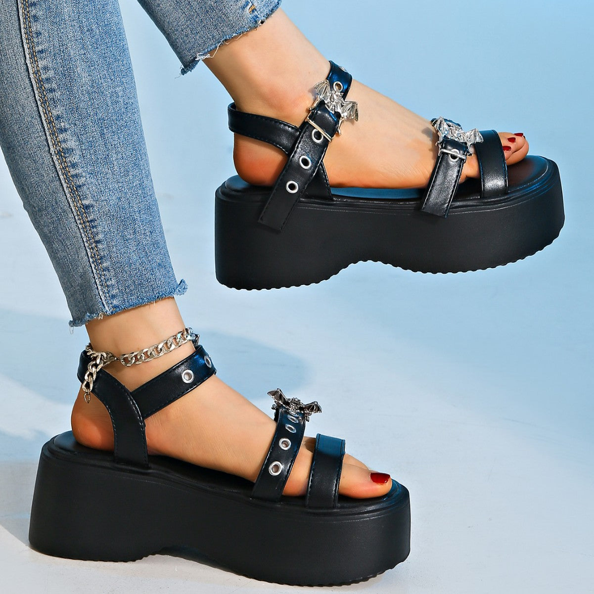 Black buckle Bat Sandals for Women
