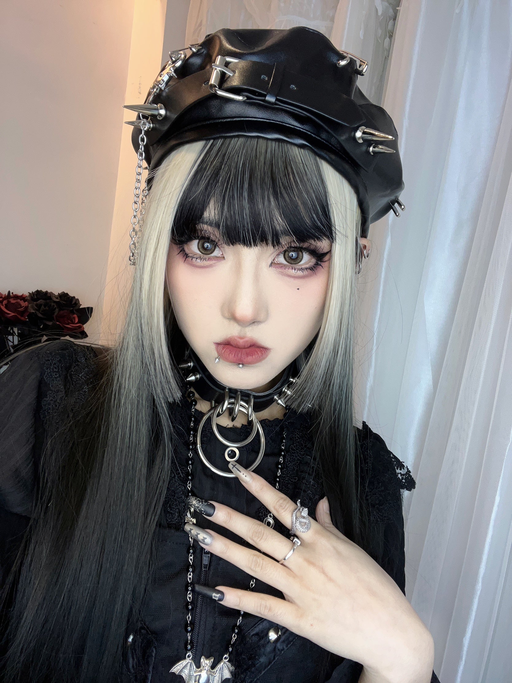 Black buckle Goth Beret Vegan Leather Buckle
