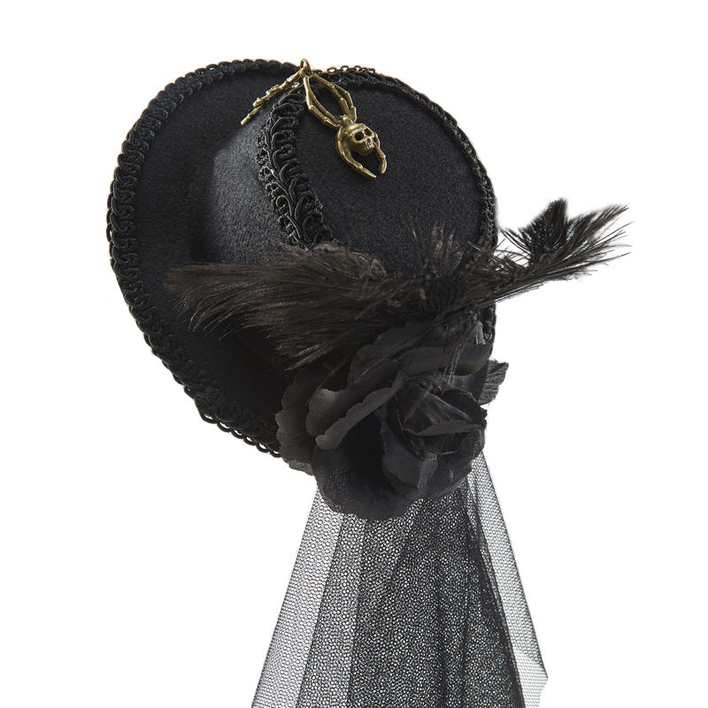 Black Steampunk Veil Hat Alt feathers
