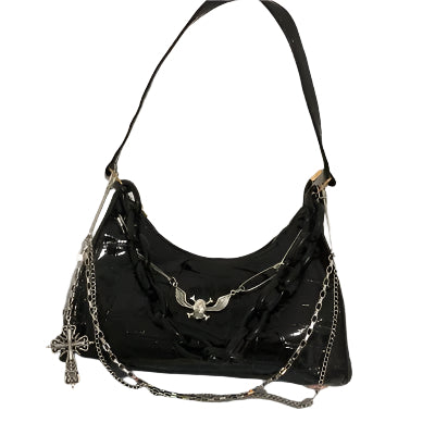 Cross Chain Gothic Shoulder Bag Black Vegan Leather