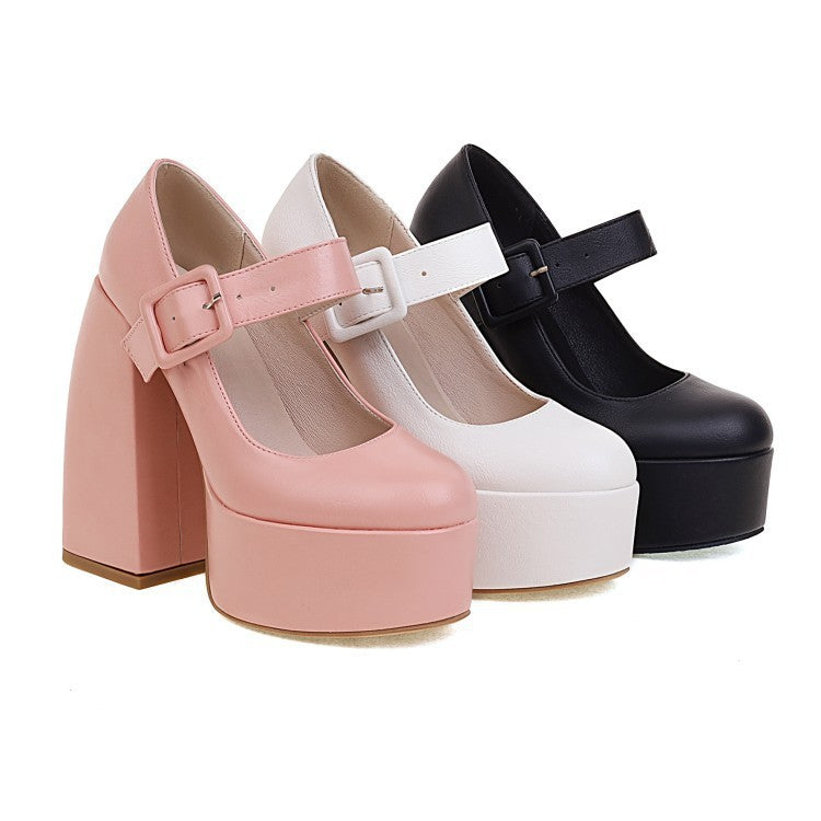 Chunky Black Leather Thick Platform Heels