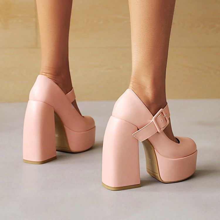 Chunky Black Leather Thick Platform Heels