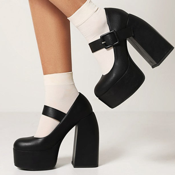 Chunky Black Leather Thick Platform Heels