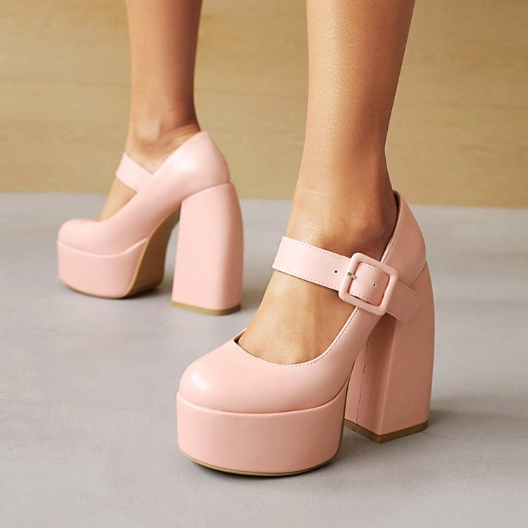 Chunky Black Leather Thick Platform Heels
