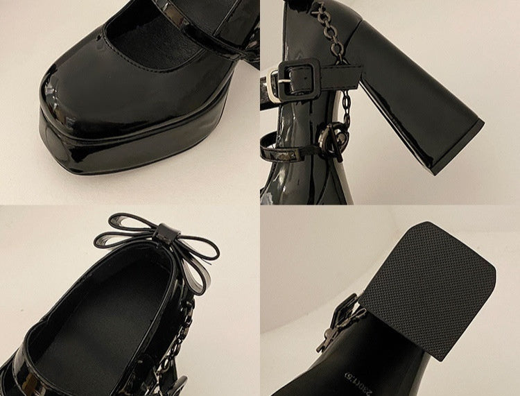 chain Chunky Goth Heels Black Leather Vegan