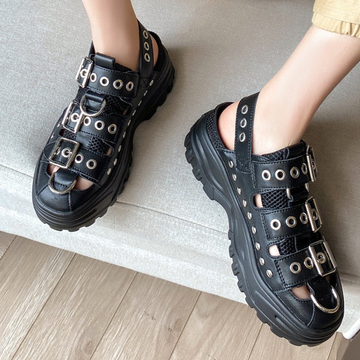 Chunky Gothic Sandals Fishnet Buckles Womens