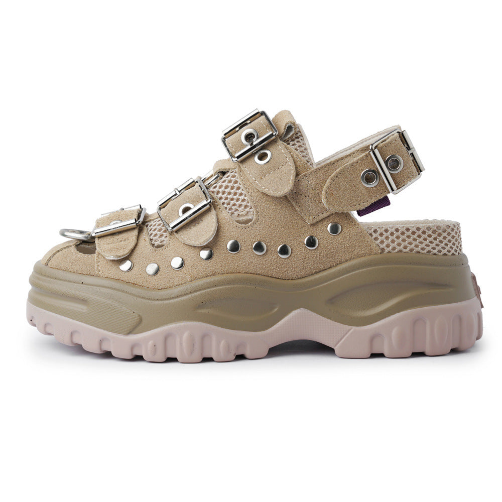 Chunky Gothic Sandals Fishnet Buckles Womens beige