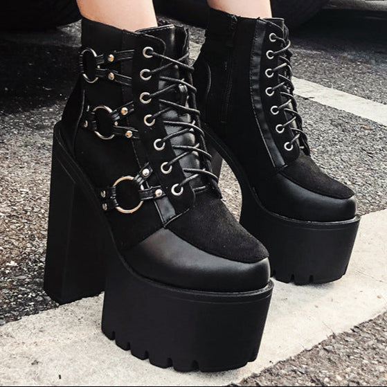 black Chunky Suede Gothic Boots Womens