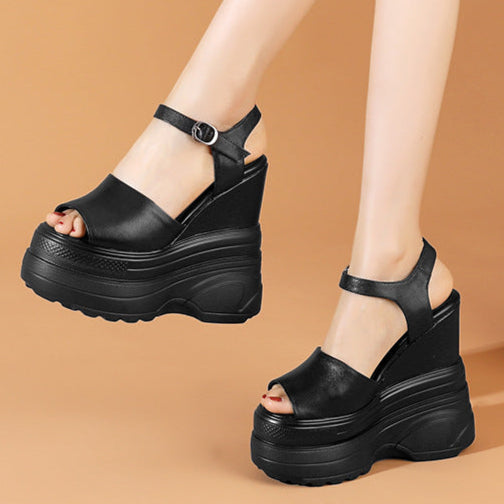 Comfortable Black Wedge Platform Sandals Sporty Casual