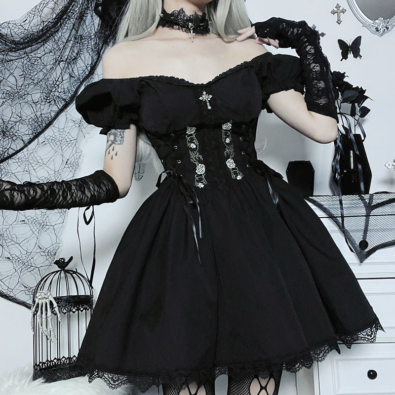 gothic corset mini dress Corset Gothic Dress Mini with Puff Sleeves