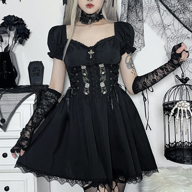 Corset Gothic Dress Mini with Puff Sleeves