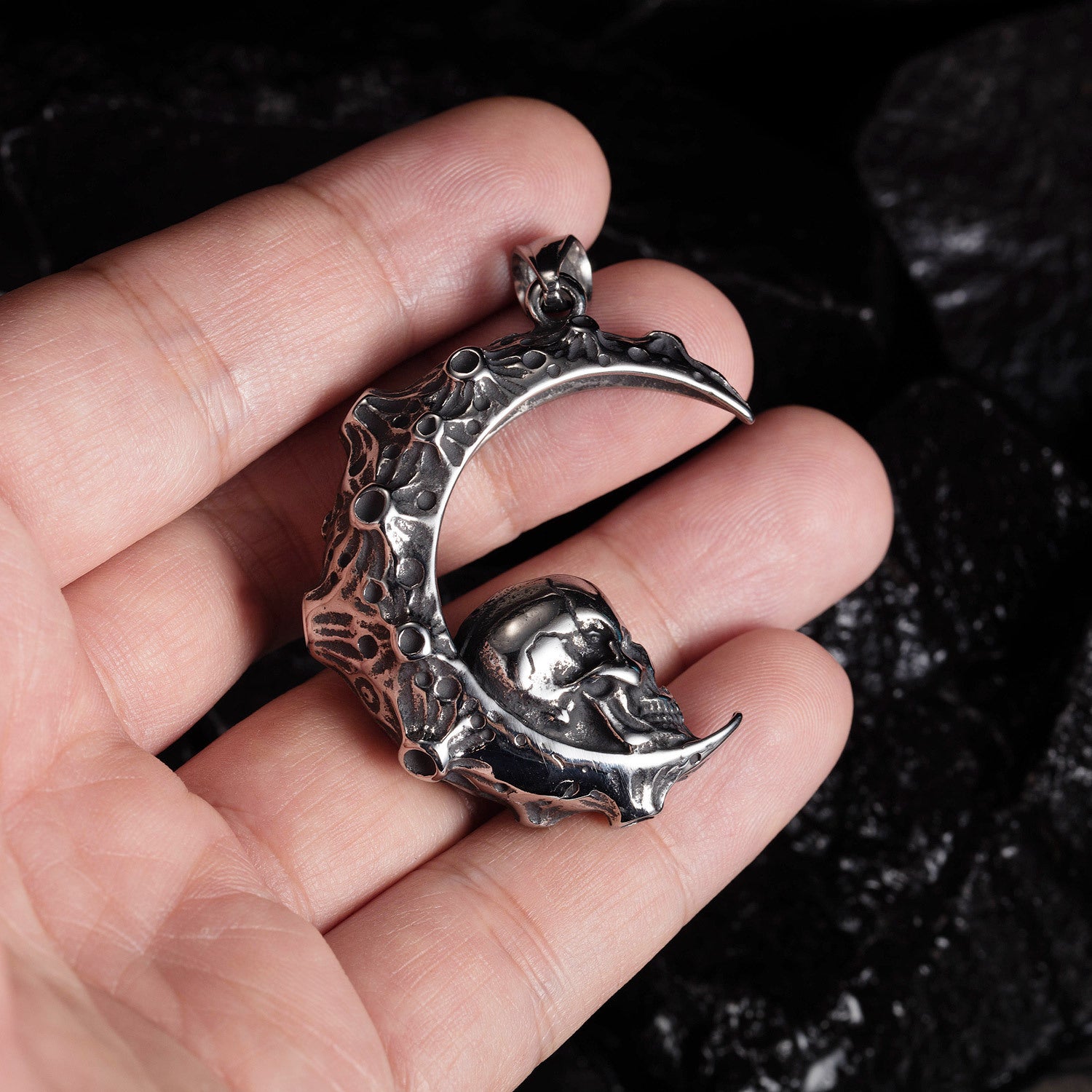 gothic Crescent Moon Skull Necklace