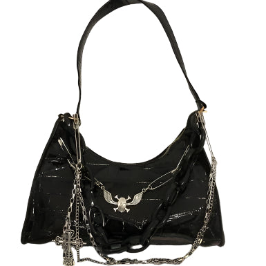 Cross Chain Gothic Shoulder Bag Black Vegan Leather