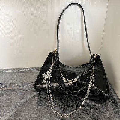 Cross Chain Gothic Shoulder Bag Black Vegan Leather