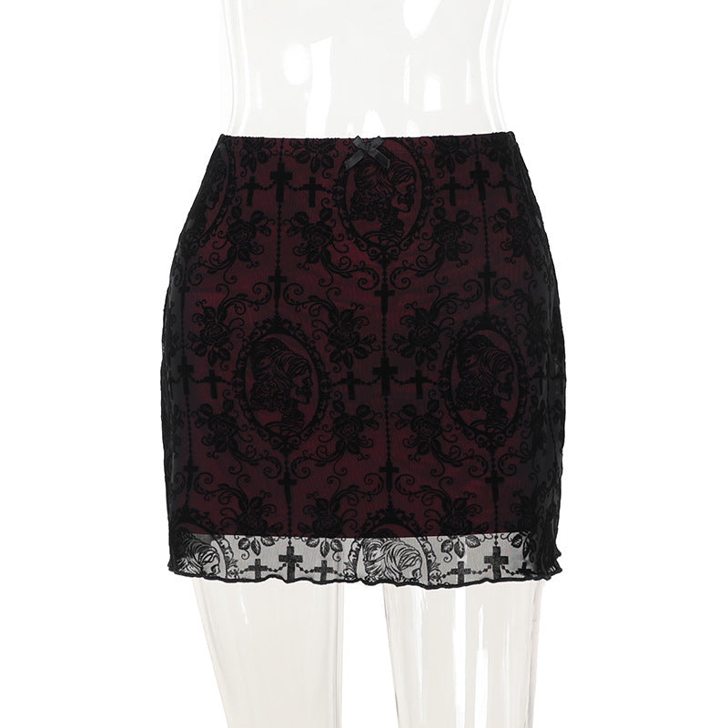 Deep Red Pattern Lace Gothic Short Skirt