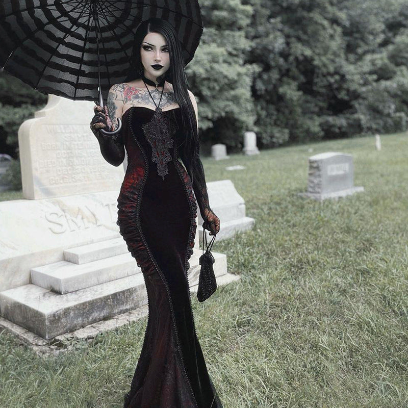 red Embroidered Formal Goth Dress
