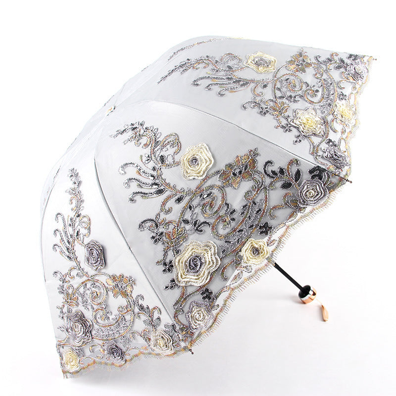 Floral Goth Gray Parasol Embroidered