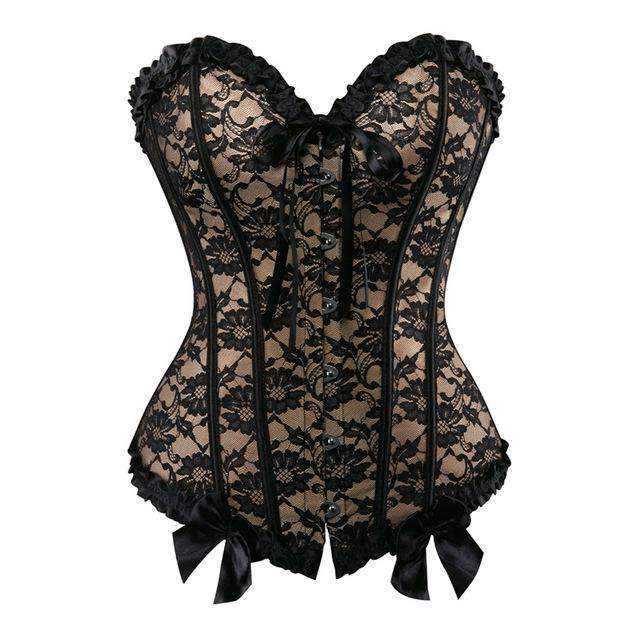 Floral Lace Overbust Corset Beige Black