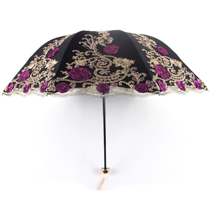 black Floral Goth Parasol Embroidered Black Purple