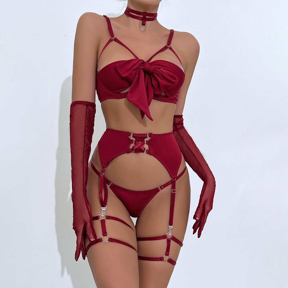 Garter Lingerie Set with Collar and Gloves