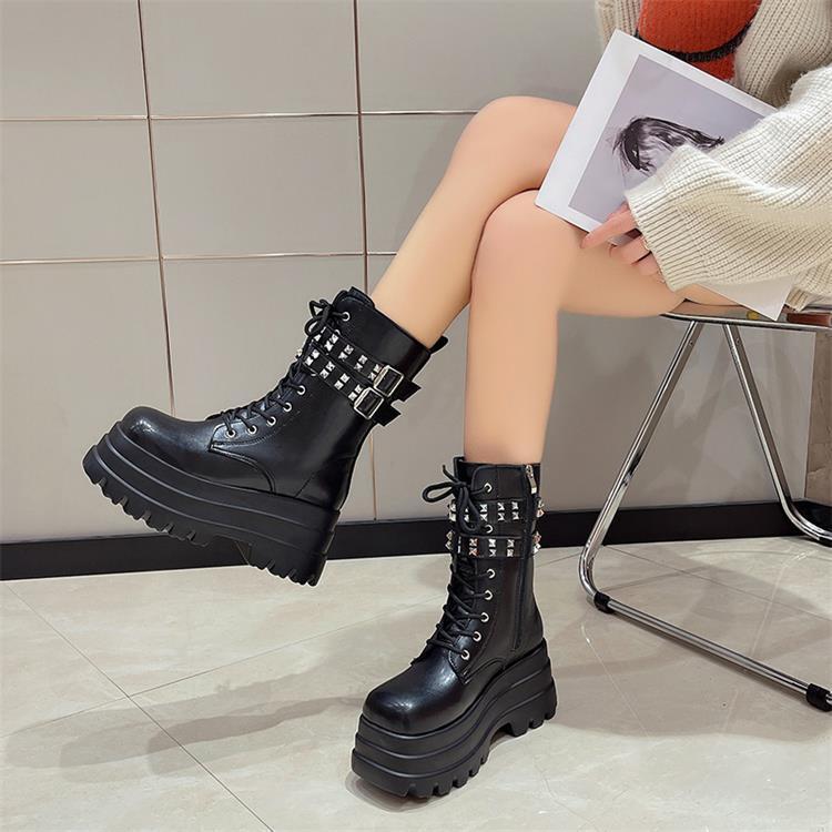 Goth Ankle Boots Stud Buckles Womens
