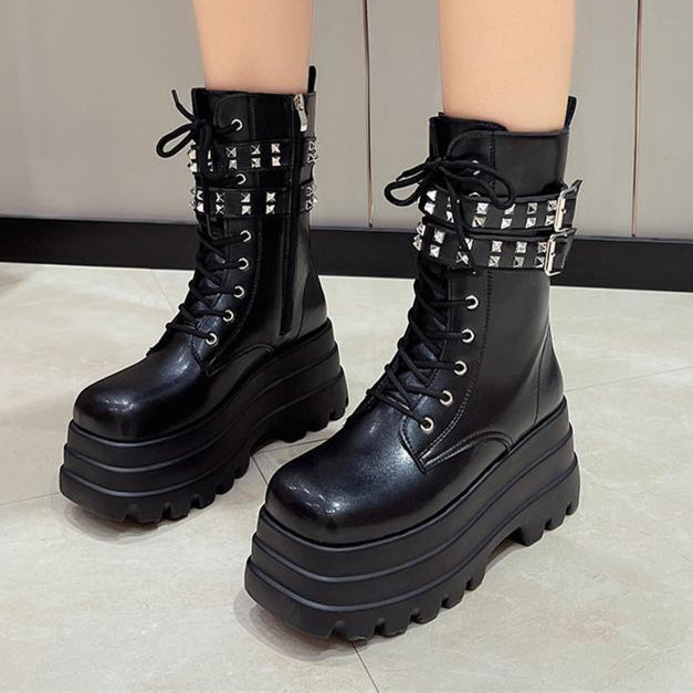 Goth Ankle Boots Studded Buckles Womens