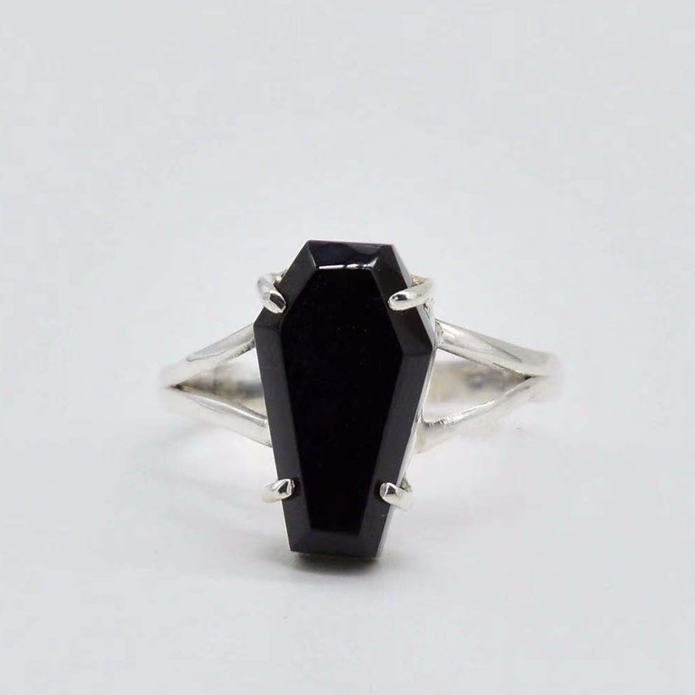 Goth Black Coffin Crystal Ring