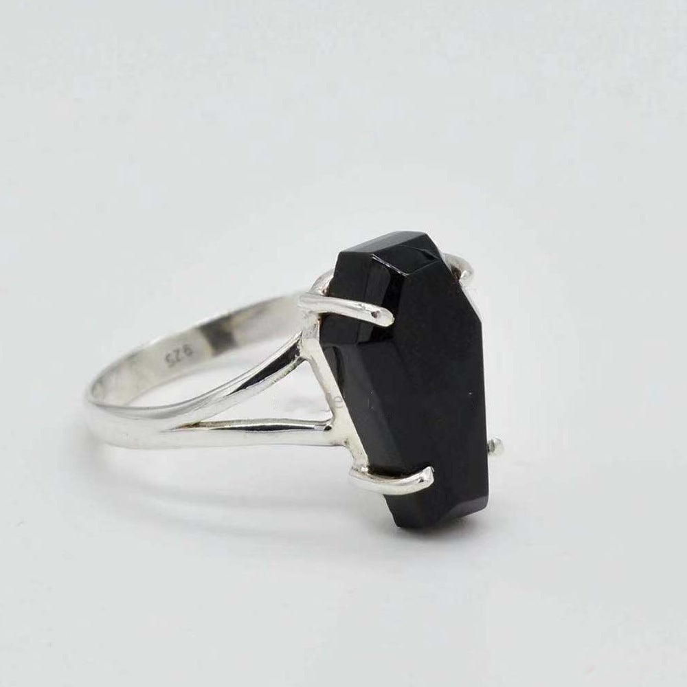 Goth Black Coffin Shape Crystal Ring