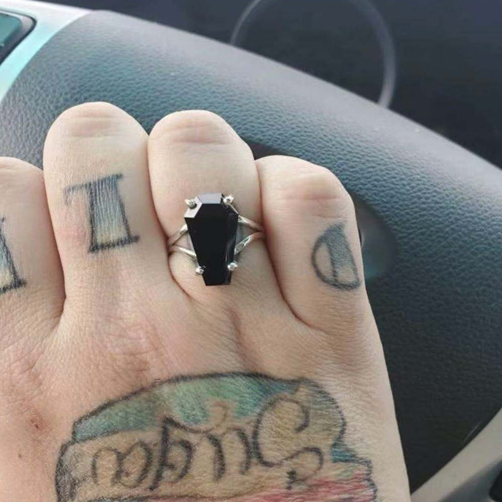 Goth Black Coffin Shaped Crystal Ring