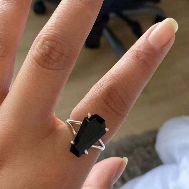 Goth Black Coffin Shaped Crystal Ring
