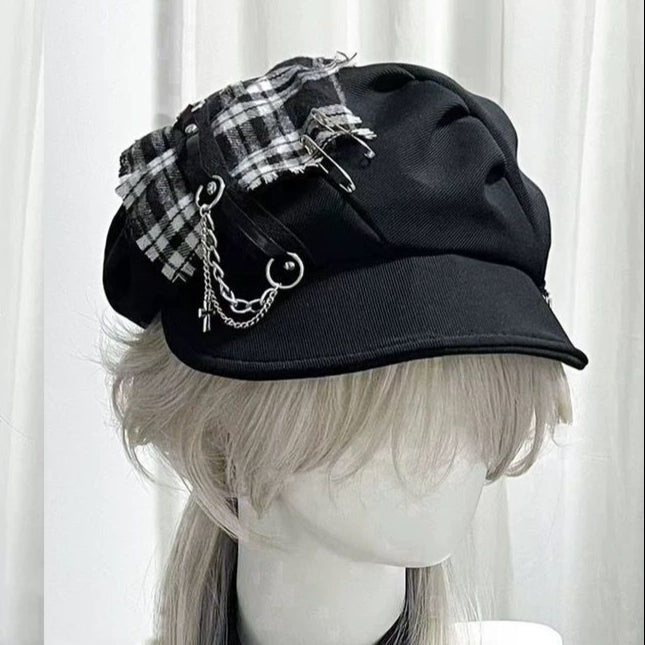 Goth Black Plaid Beret chains