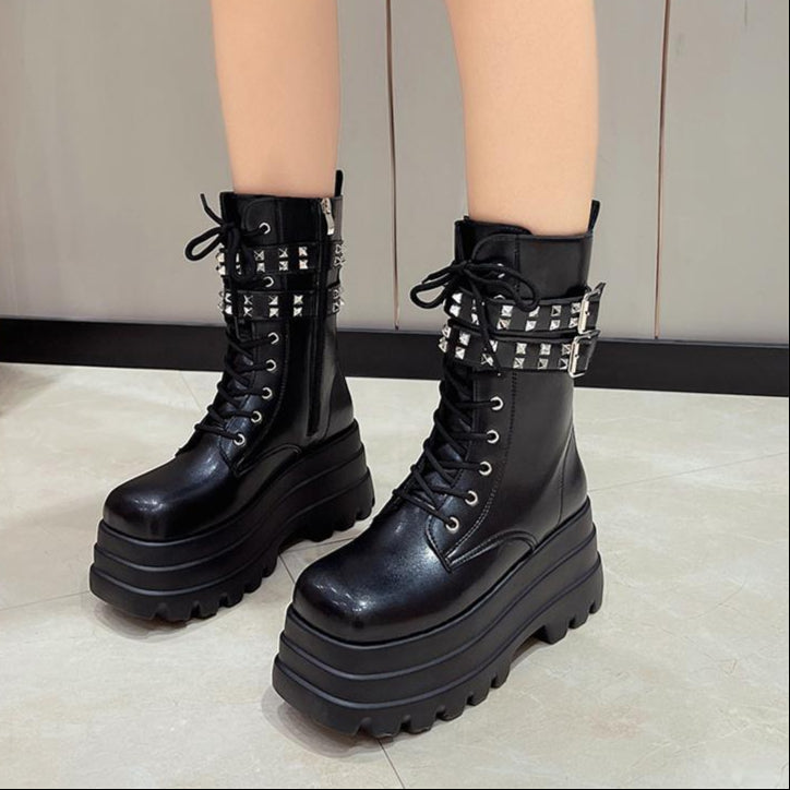 Goth Ankle Boots Studded Buckles Womens