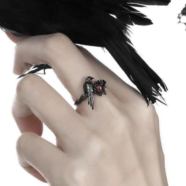 Romantic Goth Crow Ring with Red Gemstone Womens