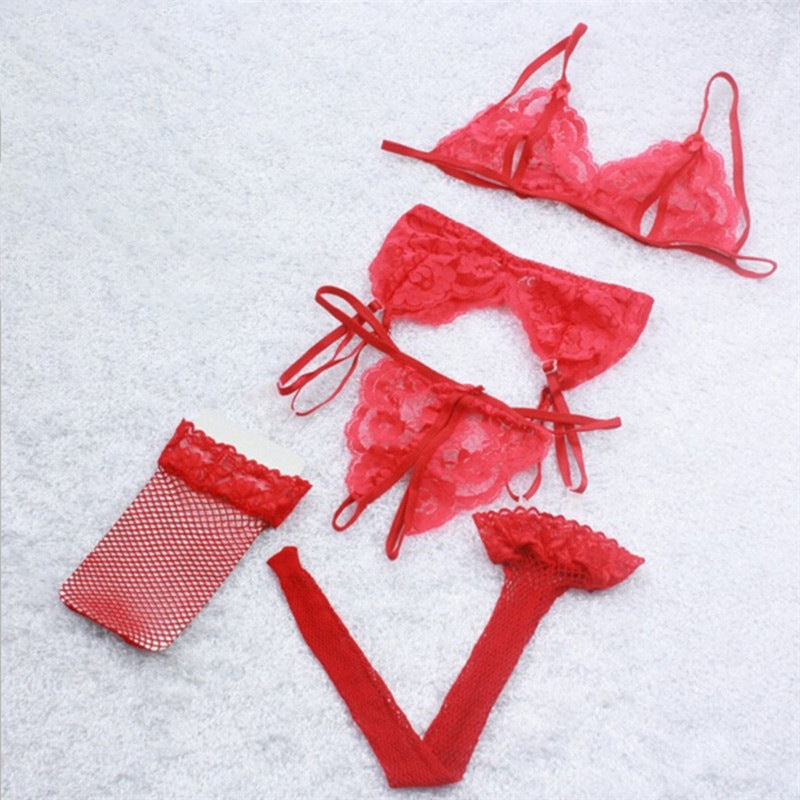 red Goth Garter Underwear 4 Piece Set with Stockings