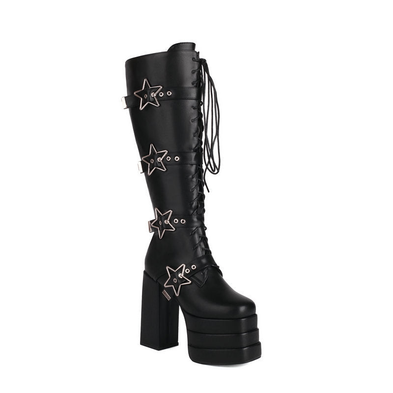 Goth Knee High Boots Female Vegan Leather