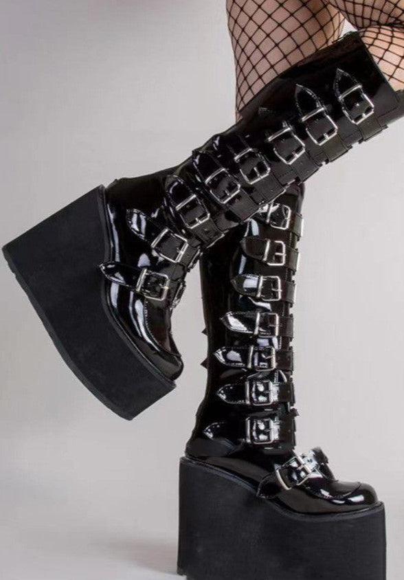 Goth Knee Boots Womens Buckle Straps chunky