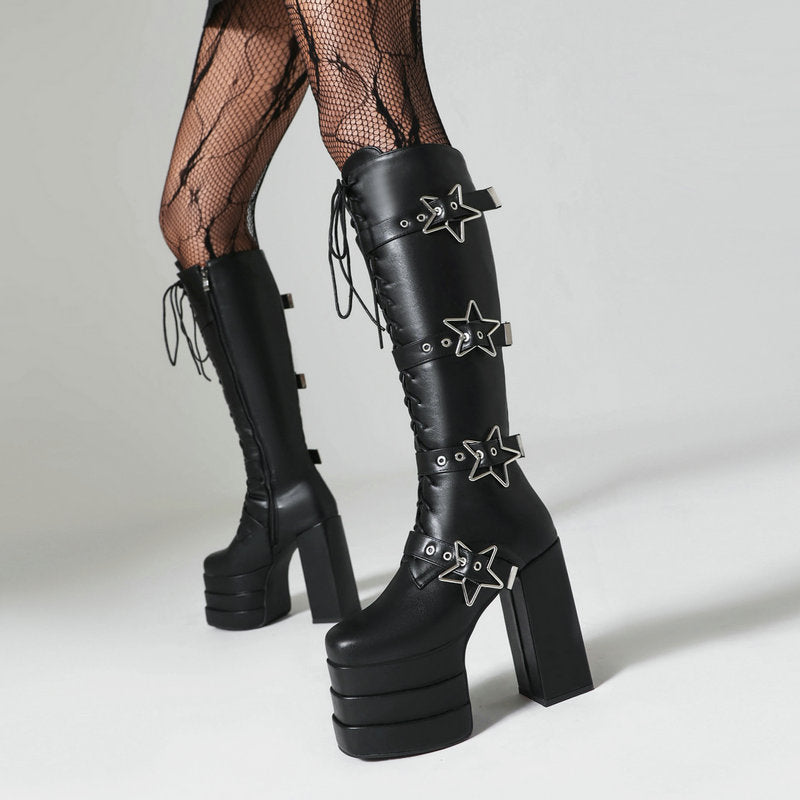 Goth Knee High Boots Female Leather