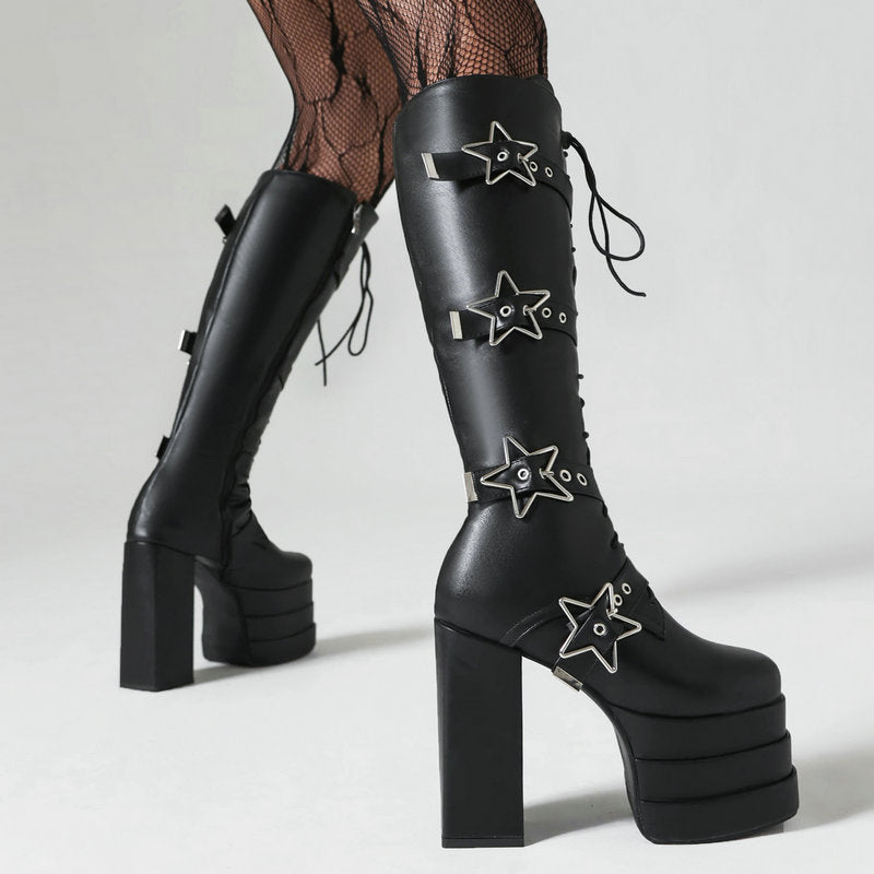 Goth Knee High Boots Female Vegan Leather