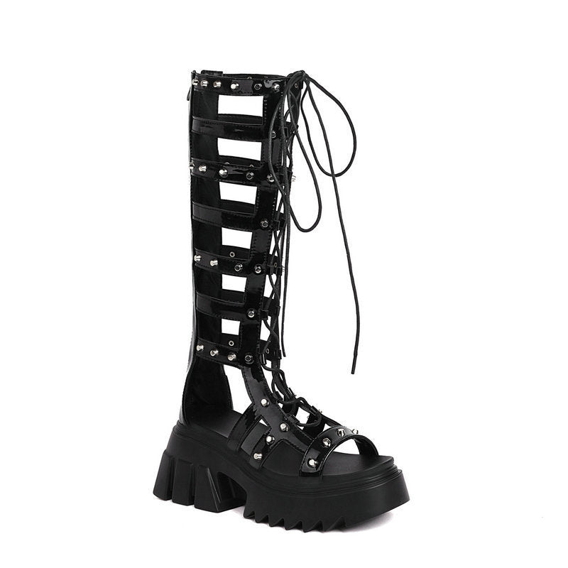 leather Goth Knee High Sandals Womens