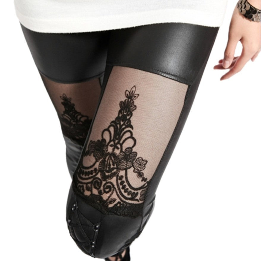 Goth Leather Leggings with Sheer Lace