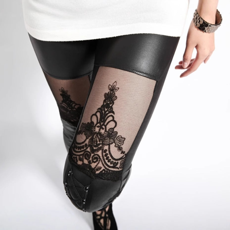 Goth Leather Leggings with Sheer Lace up sheer
