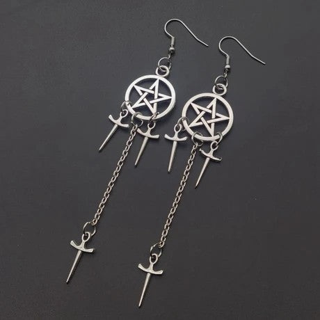 Goth Long Pentagram Earrings