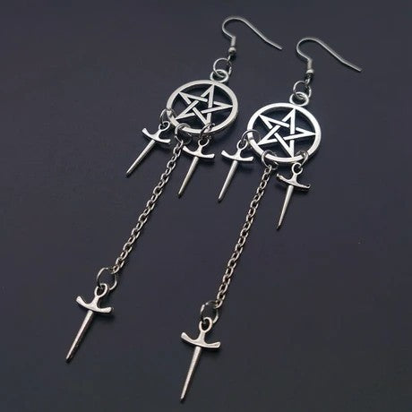 Goth Long Pentagram Earrings