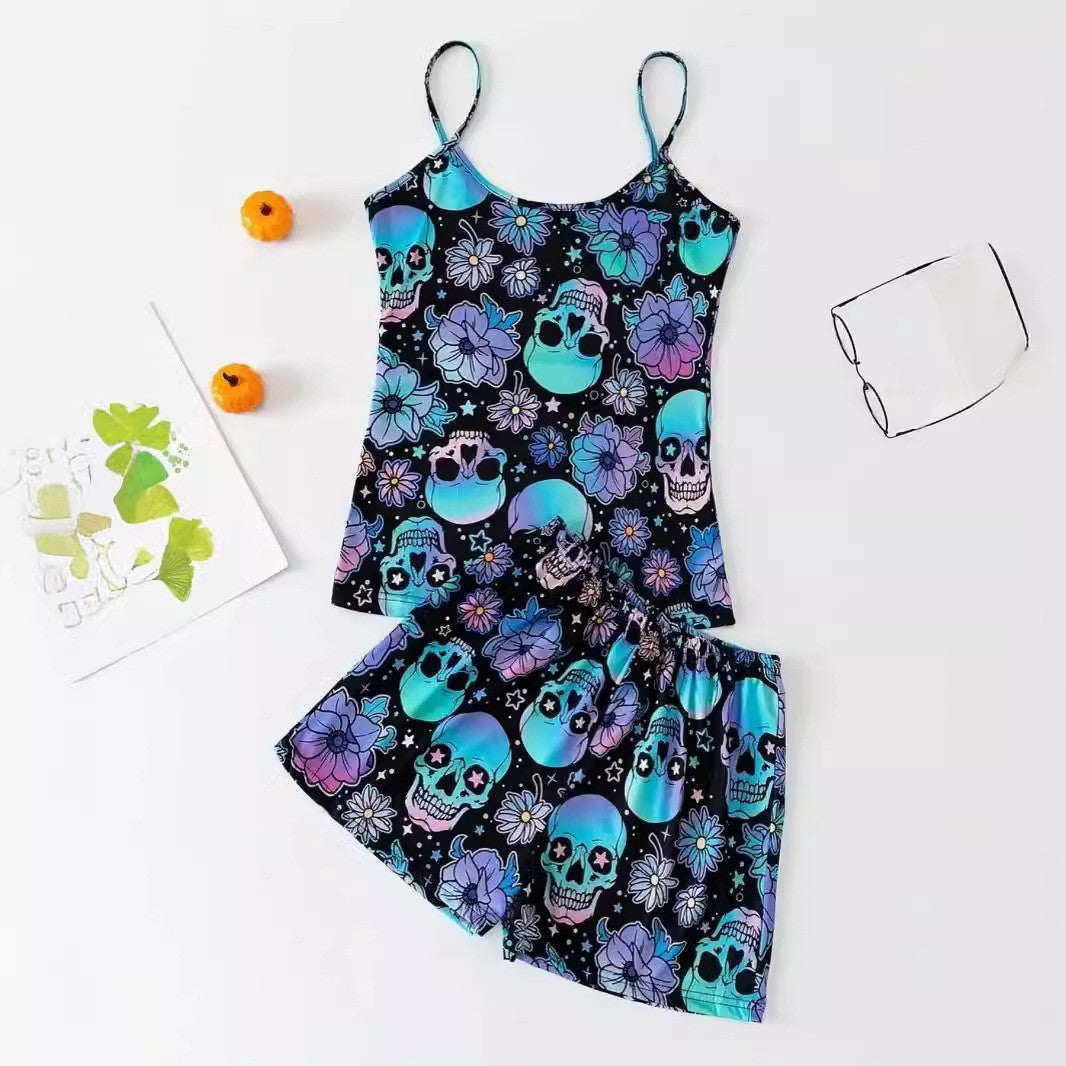 Goth Pajamas Floral Skull Print womens set