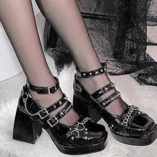 Goth Pumps Black Square Heels lolita