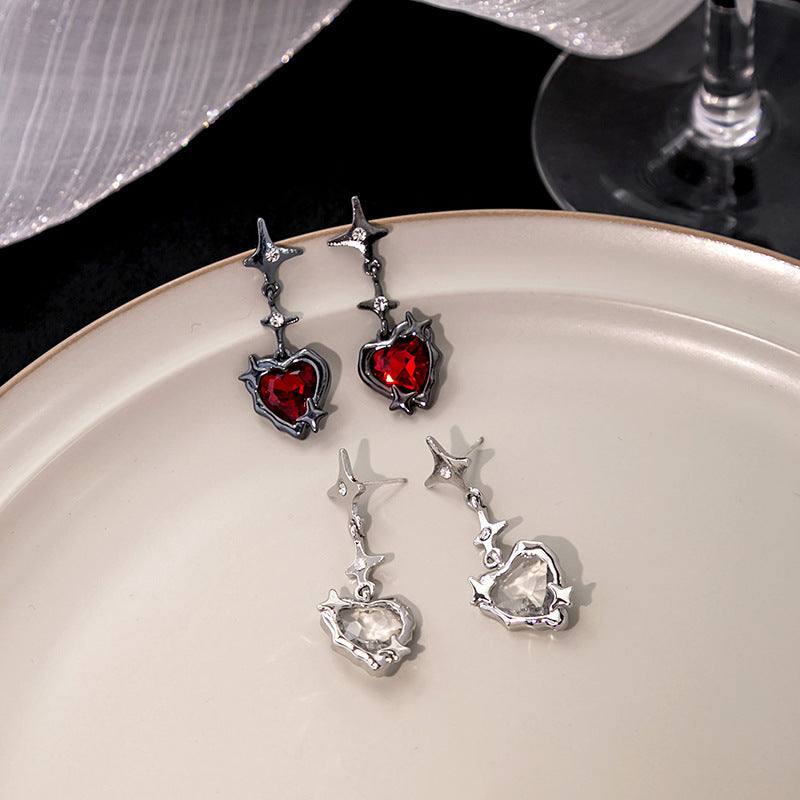 Goth Red Crystal Heart Earrings Womens