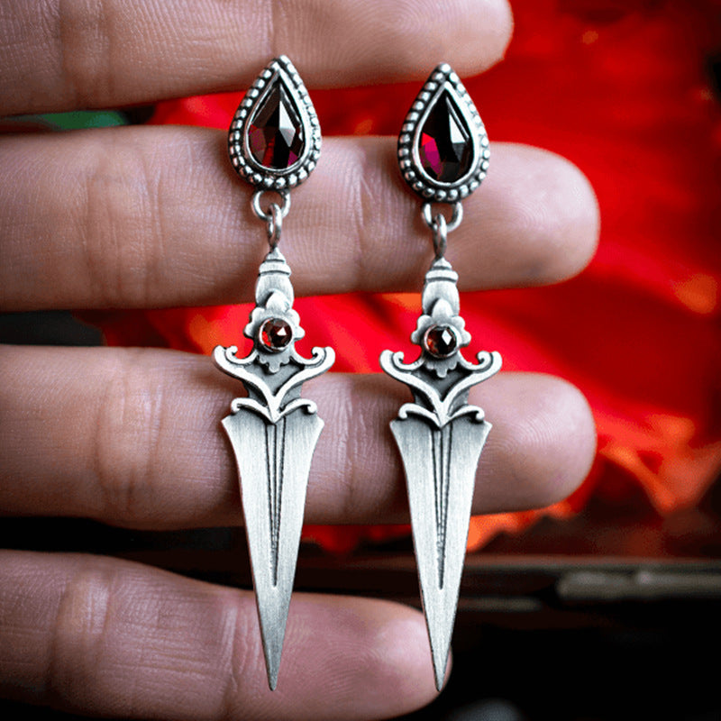 Gothic Red Crystal Sword Earrings