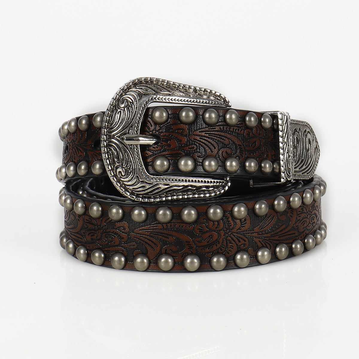 brown Goth Retro Silver Buckle Belt Embossed with Studs